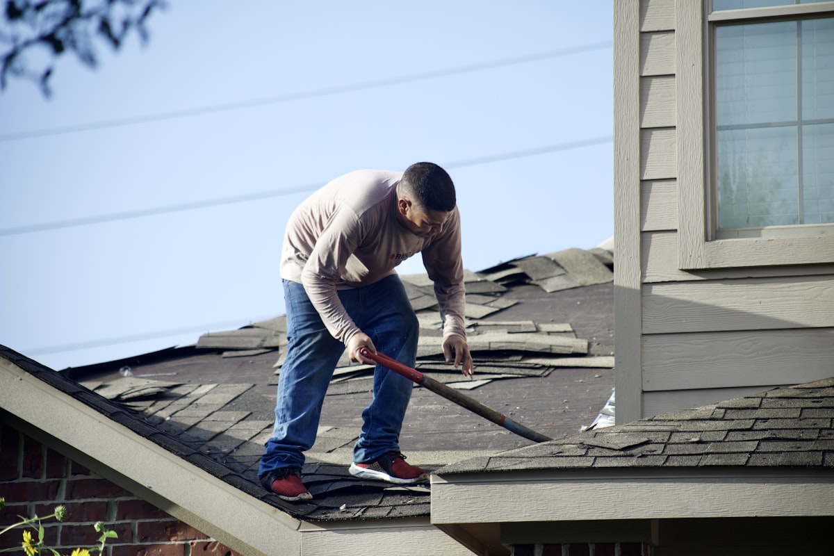 Professional roofer at work